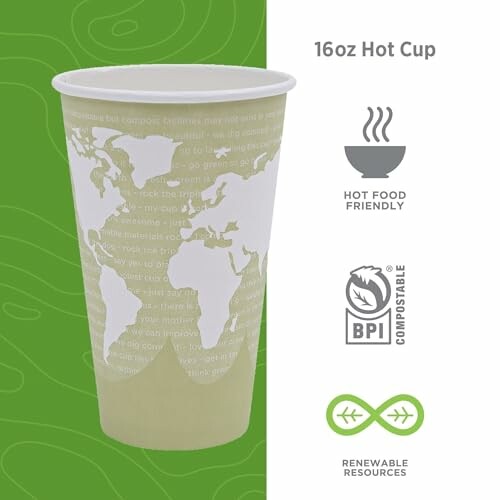 16oz hot cup with world map design, compostable and renewable resources logos.