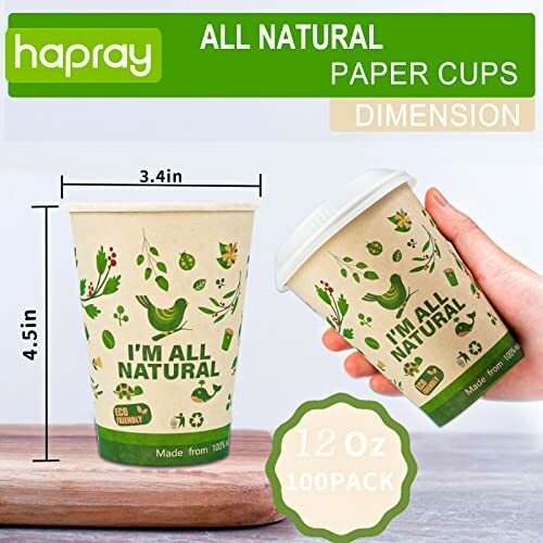 Eco-friendly all natural paper cups with green design and dimensions.