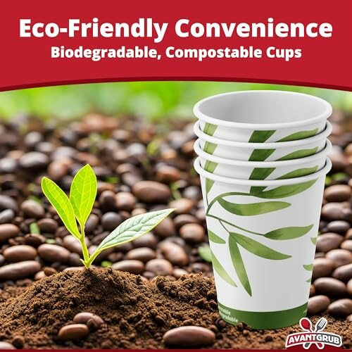 Biodegradable compostable cups with plant and soil background.