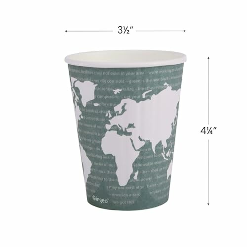 Biodegradable cup with world map design and dimensions.