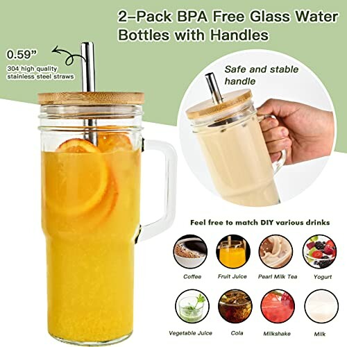 BPA free glass water bottles with handles and stainless steel straws, featuring orange juice.