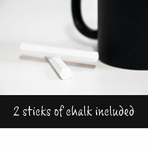 Two white chalk sticks next to a black mug, text reads '2 sticks of chalk included'.