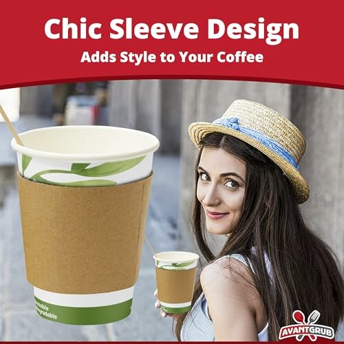 Woman holding coffee cup with chic sleeve design.