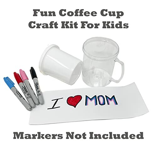 Coffee cup craft kit for kids with markers and a paper saying 'I love mom'.