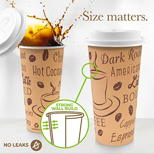 Tall coffee cup with splash and text highlighting strong build.