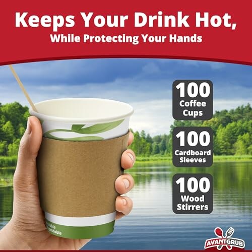 Hand holding coffee cup with sleeve, lake background, promotional text.