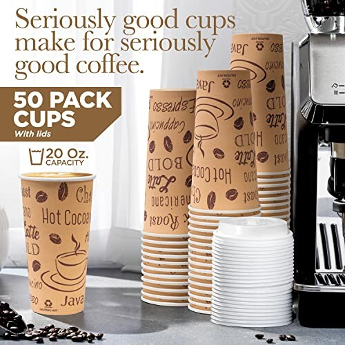 Stack of 50 disposable coffee cups with lids beside a coffee machine.