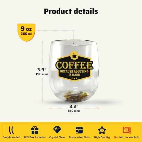 Coffee glass with product details including capacity, dimensions, and care instructions.