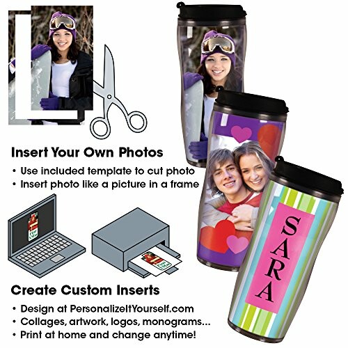 Customizable photo insert tumbler with personalized designs.