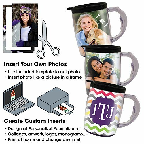 Customizable photo mugs with insert templates and examples.