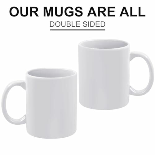 Two white double-sided mugs with text above.