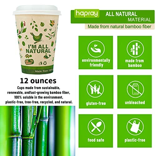 Eco-friendly bamboo cup with features like environmentally friendly, gluten-free, and food safe.