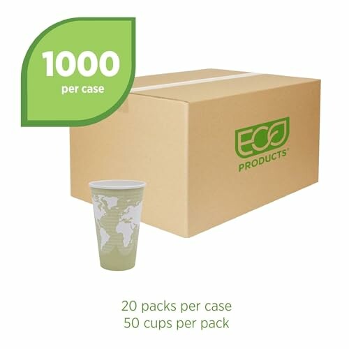 Eco-friendly cup packaging with 1000 cups per case.