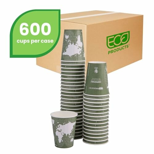 Stack of eco-friendly cups with box, 600 cups per case