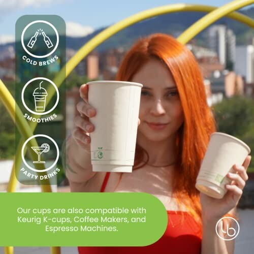 Woman holding eco-friendly cups with beverage options and compatibility info.