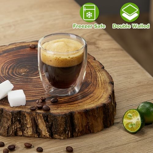 Espresso in double-walled glass on wooden slab with coffee beans and lime