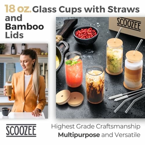 Glass cups with straws and bamboo lids, multipurpose and versatile.