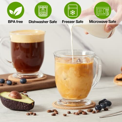 Glass mugs with coffee, BPA free, dishwasher, freezer, and microwave safe.