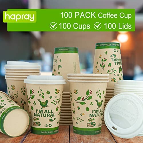 Eco-friendly coffee cups and lids, 100 pack by Hapray.