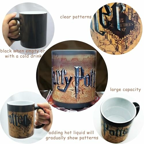 Heat-sensitive Harry Potter mug showing pattern changes with temperature.