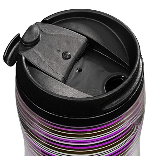 Insulated travel mug with black lid and colorful stripes.