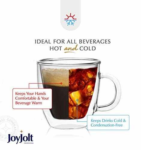 JoyJolt double wall glass cup for hot and cold beverages.