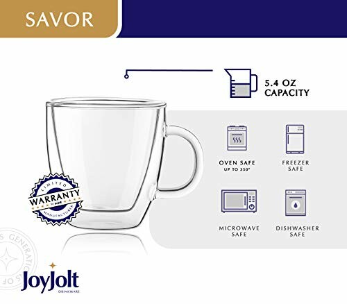 JoyJolt Savor double wall glass mug with 5.4 oz capacity, oven, freezer, microwave, and dishwasher safe.