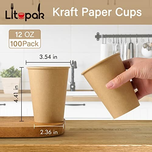 Kraft paper cups with dimensions and 100-pack label.