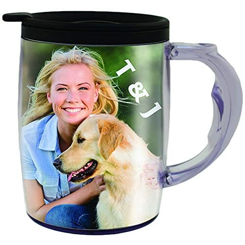 Mug featuring a woman and a dog with initials.