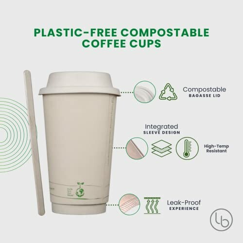 Plastic-free compostable coffee cup with lid and features