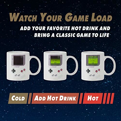 Three mugs with retro gaming design, showing temperature-sensitive color change.