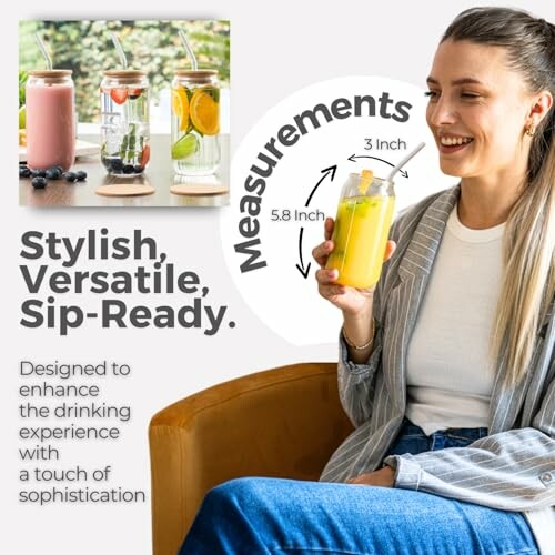 Woman holding a stylish drink with measurement details and product showcase.