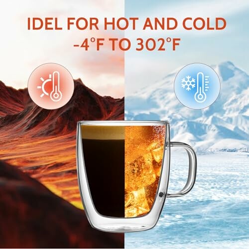 Glass mug with hot and cold temperature icons, suitable for -4ÃÂÃÂÃÂÃÂÃÂÃÂÃÂÃÂÃÂÃÂÃÂÃÂÃÂÃÂÃÂÃÂ°F to 302ÃÂÃÂÃÂÃÂÃÂÃÂÃÂÃÂÃÂÃÂÃÂÃÂÃÂÃÂÃÂÃÂ°F.