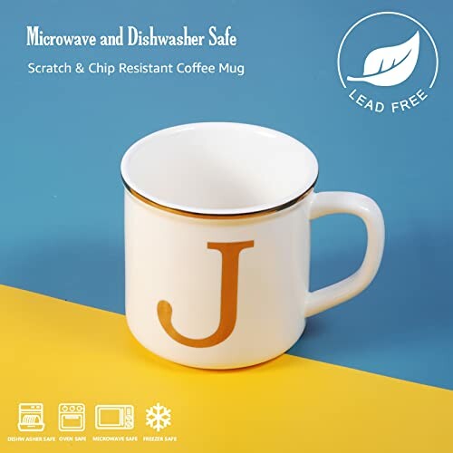 White coffee mug with letter J, microwave and dishwasher safe.