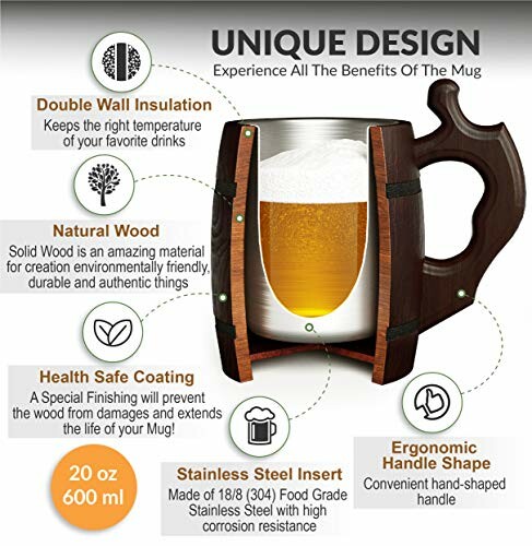 Wooden beer mug with ergonomic handle, stainless steel insert, and double wall insulation.